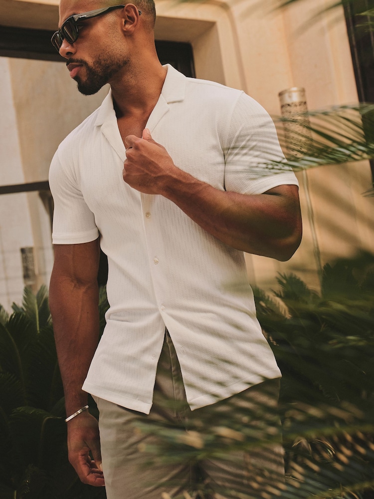 Tailored Athlete White Muscle Fit Linear Textured Cuban Collar Shirt - Image 1 of 6 Tailored Athlete White Muscle Fit Linear Textured Cuban Collar Shirt - Image 1 of 6