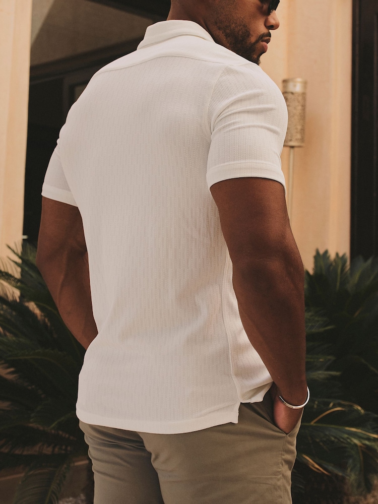 Tailored Athlete White Muscle Fit Linear Textured Cuban Collar Shirt - Image 2 of 6 Tailored Athlete White Muscle Fit Linear Textured Cuban Collar Shirt - Image 2 of 6
