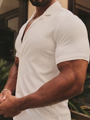 Tailored Athlete White Muscle Fit Linear Textured Cuban Collar Shirt - Image 3 of 6