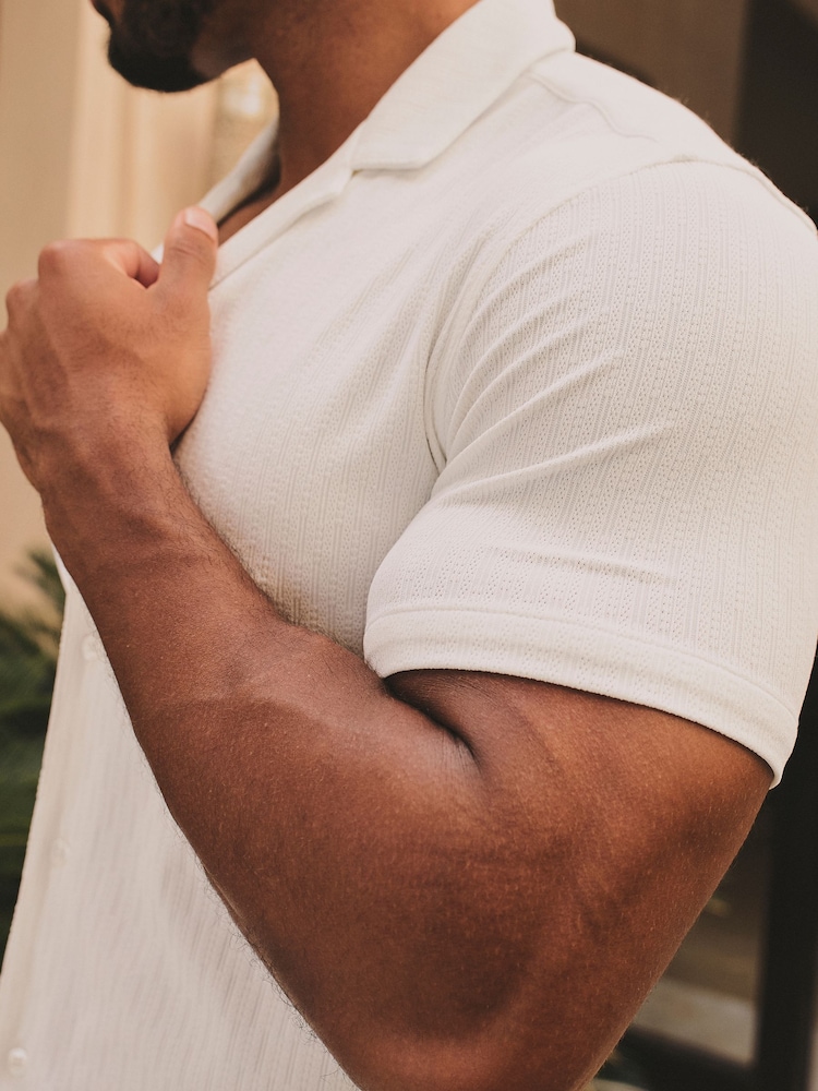 Tailored Athlete White Muscle Fit Linear Textured Cuban Collar Shirt - Image 6 of 6 Tailored Athlete White Muscle Fit Linear Textured Cuban Collar Shirt - Image 6 of 6