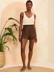Love & Roses Brown TENCEL™ Tailored Button Shorts - Image 2 of 4