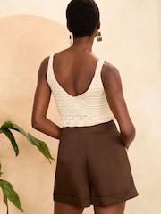 Love & Roses Brown TENCEL™ Tailored Button Shorts - Image 4 of 4