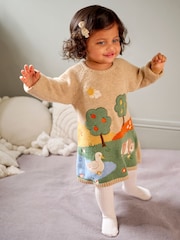 JoJo Maman Bébé Neutral Duck & Guinea Pig Scene Knitted Dress - Image 1 of 5