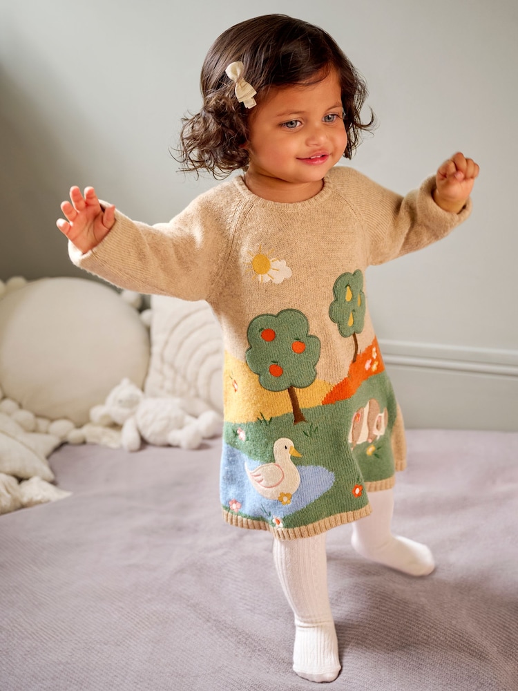 JoJo Maman Bébé Neutral Duck & Guinea Pig Scene Knitted Dress - Image 1 of 5
