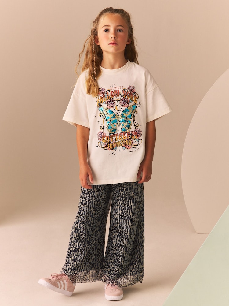 Animal Print Sequin T-Shirt and Wide Leg Trousers Set (3-16yrs) - Image 1 of 4