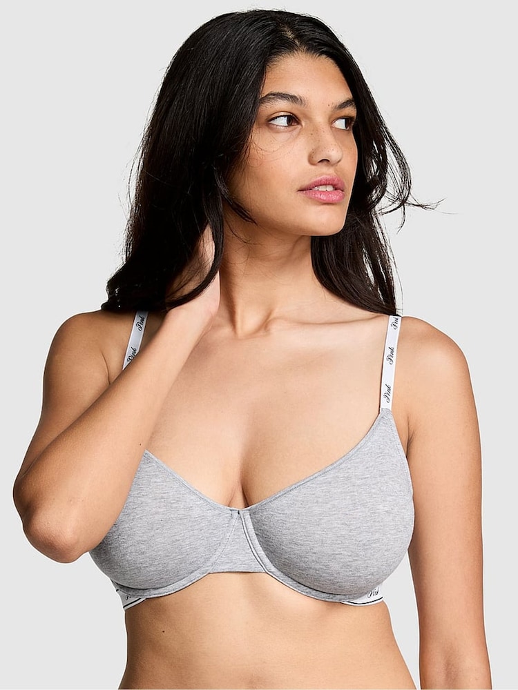 Victoria's Secret PINK Grey Heather Cotton Logo Unlined Scoop Bra - Image 1 of 3