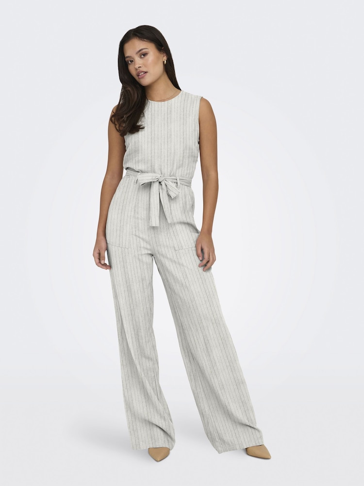 ONLY Cream Linen Blend Tie Waist Jumpsuit - Image 1 of 4