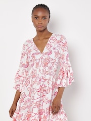Apricot Pink Floral Sarasa Deep V Short Dress - Image 1 of 4