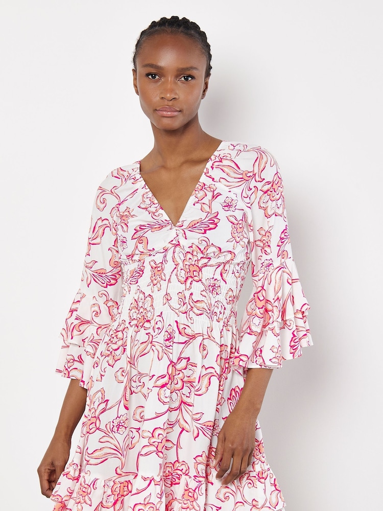 Apricot Pink Floral Sarasa Deep V Short Dress - Image 1 of 4