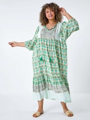 Roman Green Boho Print Tiered Midi Dress - Image 1 of 5