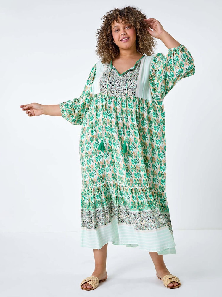 Roman Green Boho Print Tiered Midi Dress - Image 1 of 5
