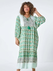 Roman Green Boho Print Tiered Midi Dress - Image 2 of 5