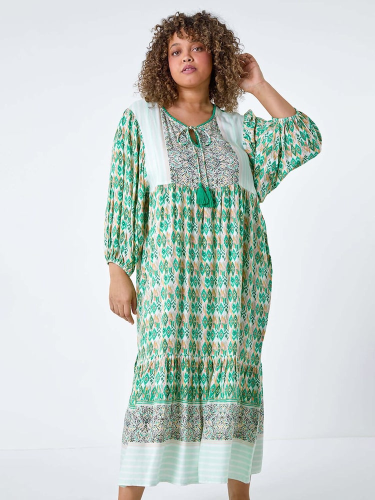 Roman Green Boho Print Tiered Midi Dress - Image 2 of 5