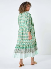 Roman Green Boho Print Tiered Midi Dress - Image 3 of 5