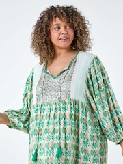 Roman Green Boho Print Tiered Midi Dress - Image 4 of 5