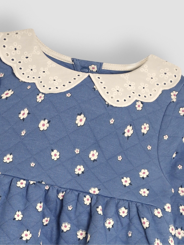 JoJo Maman Bébé Blue Daisy Floral Broderie Collar Quilted Dress - Image 3 of 3