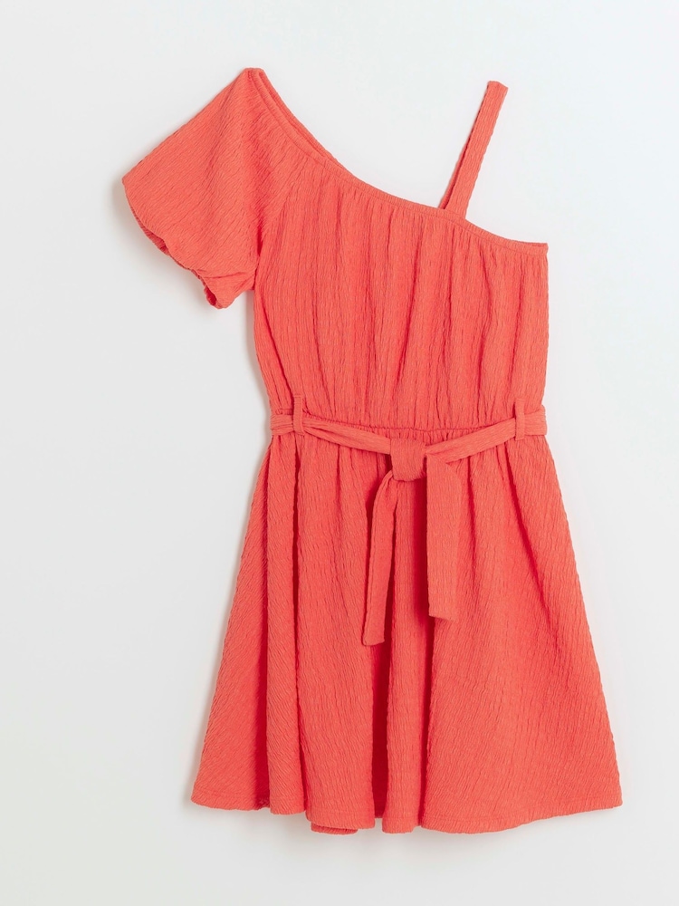 River Island Pink Girls One Shoulder 100% Cotton Dress - Image 1 of 4 River Island Pink Girls One Shoulder 100% Cotton Dress - Image 1 of 4