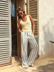 Blue/Ecru Linen Blend Wide Leg Trousers - Image 1 of 4