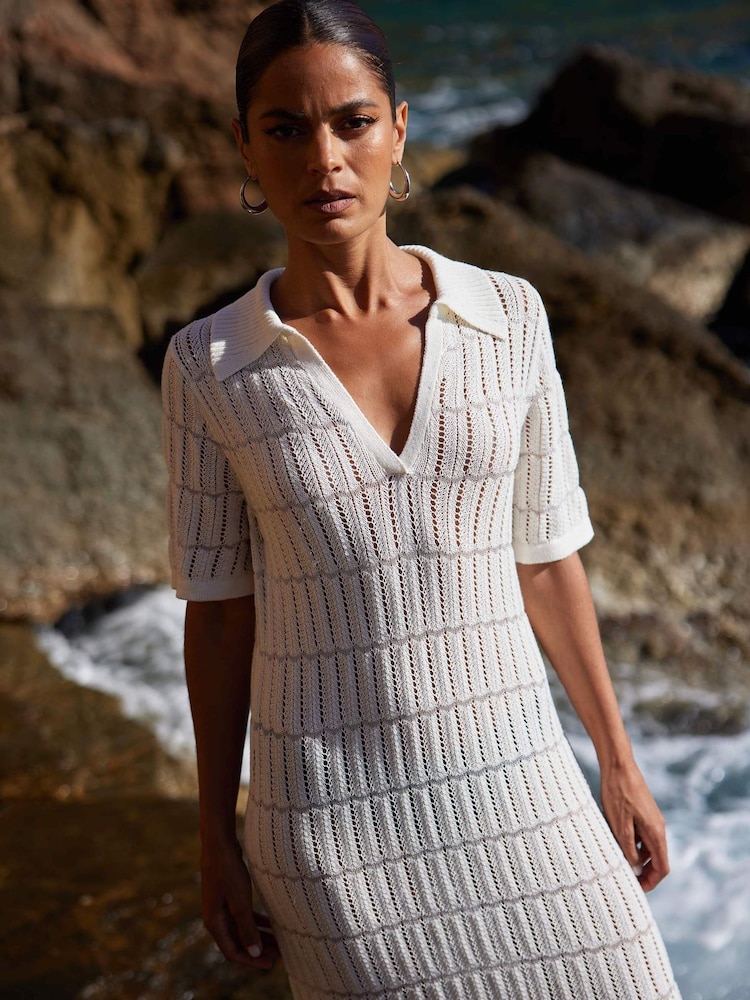 Ro&Zo White Open Stitch Knit Collar Midi Dress - Image 2 of 6