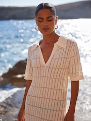 Ro&Zo White Open Stitch Knit Collar Midi Dress - Image 3 of 6
