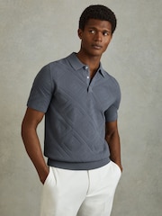 Reiss Airforce Blue Lupton Cotton Textured Press-Stud Polo Shirt - Image 1 of 6