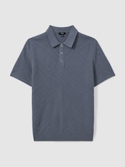 Reiss Airforce Blue Lupton Cotton Textured Press-Stud Polo Shirt - Image 2 of 6