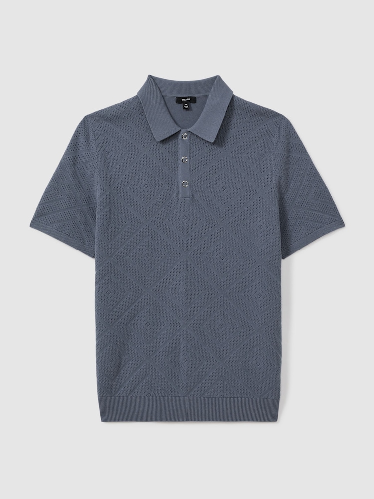 Reiss Airforce Blue Lupton Cotton Textured Press-Stud Polo Shirt - Image 2 of 6