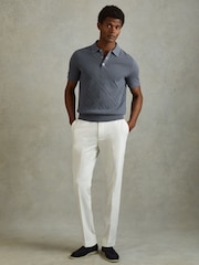 Reiss Airforce Blue Lupton Cotton Textured Press-Stud Polo Shirt - Image 3 of 6