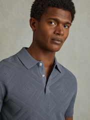 Reiss Airforce Blue Lupton Cotton Textured Press-Stud Polo Shirt - Image 4 of 6