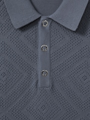Reiss Airforce Blue Lupton Cotton Textured Press-Stud Polo Shirt - Image 6 of 6