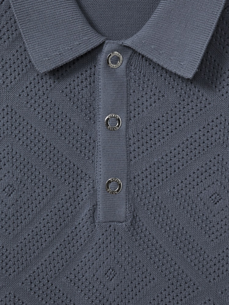 Reiss Airforce Blue Lupton Cotton Textured Press-Stud Polo Shirt - Image 6 of 6