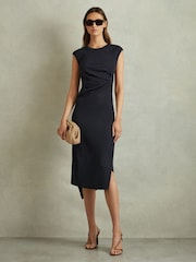 Reiss Navy Francesca Bodycon Ruched Midi Dress - Image 1 of 6