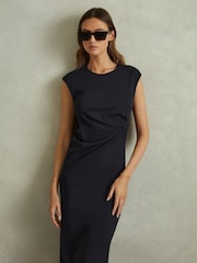 Reiss Navy Francesca Bodycon Ruched Midi Dress - Image 4 of 6