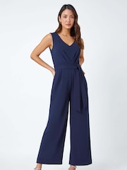Roman Blue Pleat Detail Wide Leg Stretch Jumpsuit - Image 2 of 5