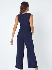 Roman Blue Pleat Detail Wide Leg Stretch Jumpsuit - Image 3 of 5