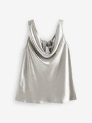 Silver Satin Textured Metallic Tie Back Cowl Neck Top - Image 6 of 8