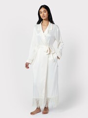 Chelsea Peers Cream Satin Fringe-Trim Dressing Gown - Image 1 of 5