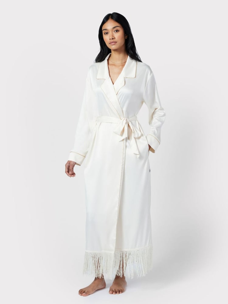 Chelsea Peers Cream Satin Fringe-Trim Dressing Gown - Image 1 of 5
