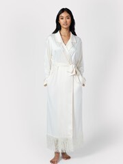 Chelsea Peers Cream Satin Fringe-Trim Dressing Gown - Image 3 of 5