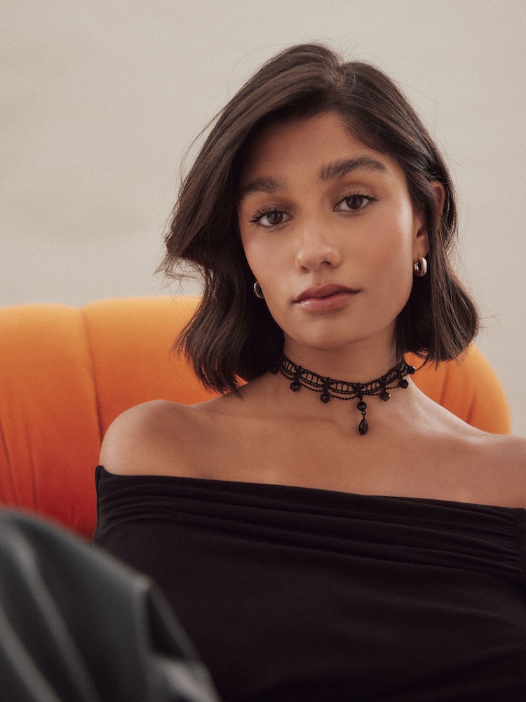 Black Lace Stone Drop Choker Necklace - Image 2 of 6