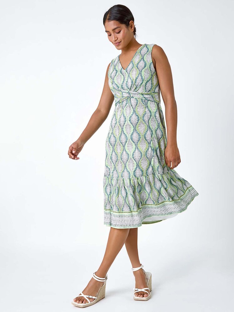 Roman Green Twist Front Leaf Print Stretch Dress - Image 1 of 5