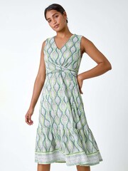 Roman Green Twist Front Leaf Print Stretch Dress - Image 2 of 5