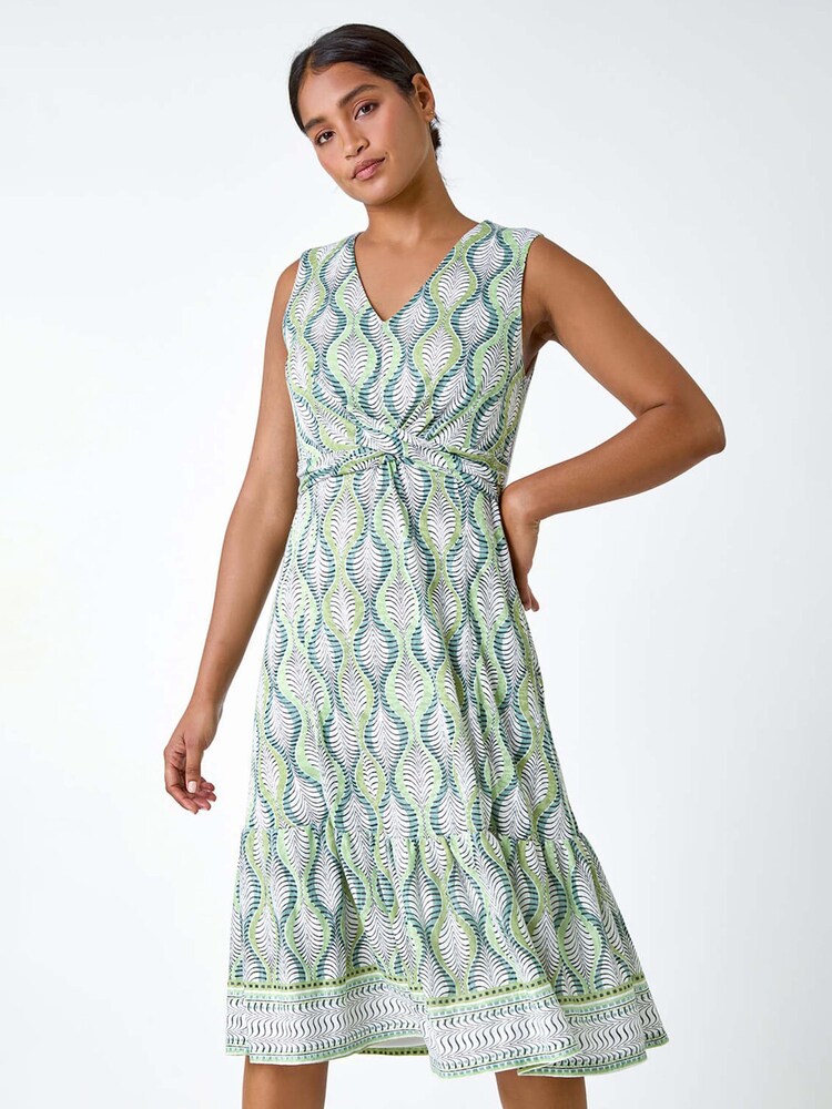 Roman Green Twist Front Leaf Print Stretch Dress - Image 2 of 5