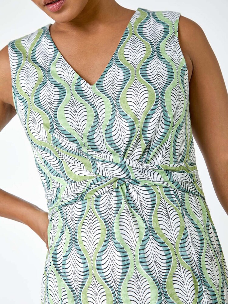 Roman Green Twist Front Leaf Print Stretch Dress - Image 5 of 5