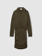 Reiss Khaki Victoria Ruched Jersey Open-Collar Mini Dress - Image 2 of 6