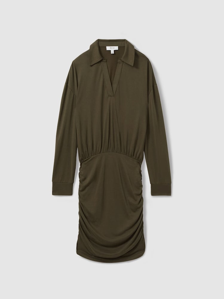 Reiss Khaki Victoria Ruched Jersey Open-Collar Mini Dress - Image 2 of 6