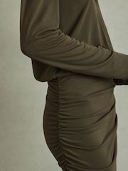 Reiss Khaki Victoria Ruched Jersey Open-Collar Mini Dress - Image 3 of 6