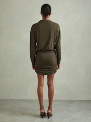 Reiss Khaki Victoria Ruched Jersey Open-Collar Mini Dress - Image 4 of 6