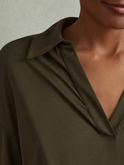 Reiss Khaki Victoria Ruched Jersey Open-Collar Mini Dress - Image 5 of 6