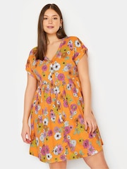 Yours Curve Orange YOURS Curve Orange 100% Cotton Floral Print Button Front Smock Dress - Image 1 of 5